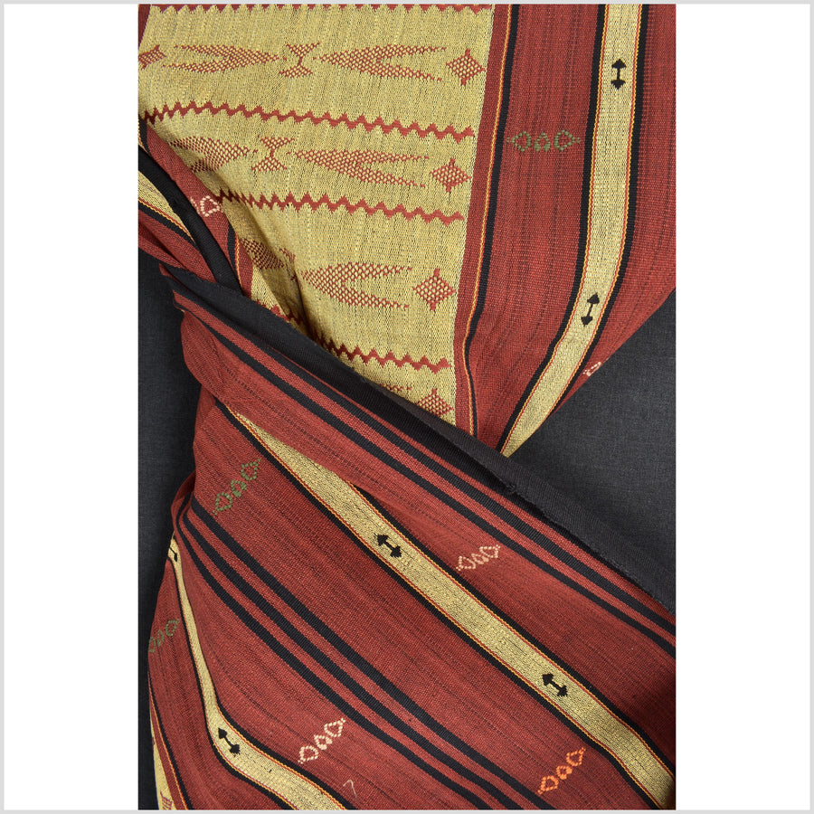 Vintage tribal home decor ethnic Naga blanket, gold, brick red, handwoven cotton throw boho Thailand Burma India tapestry EW192