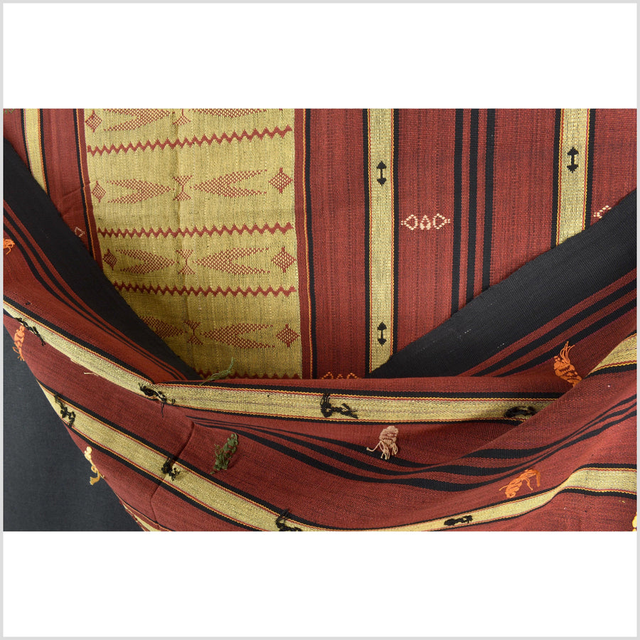 Vintage tribal home decor ethnic Naga blanket, gold, brick red, handwoven cotton throw boho Thailand Burma India tapestry EW192
