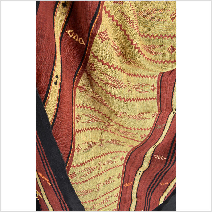 Vintage tribal home decor ethnic Naga blanket, gold, brick red, handwoven cotton throw boho Thailand Burma India tapestry EW192