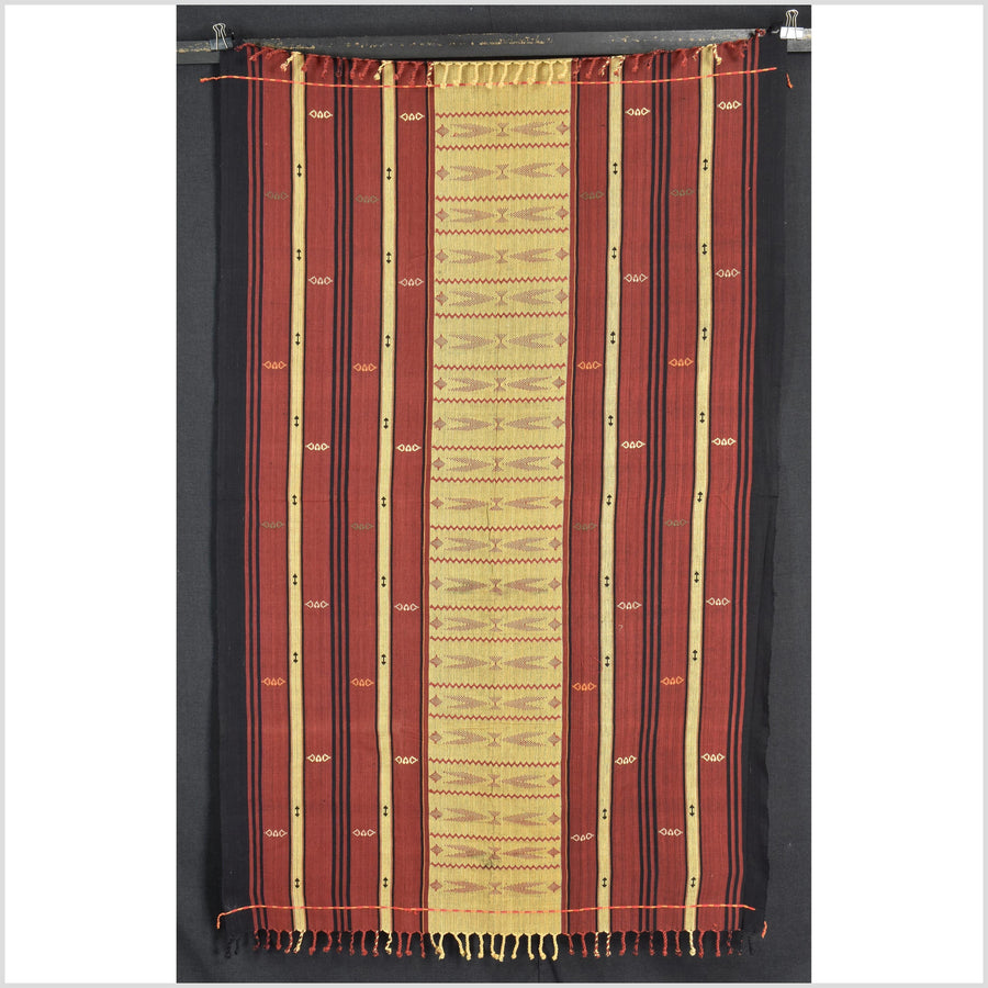 Vintage tribal home decor ethnic Naga blanket, gold, brick red, handwoven cotton throw boho Thailand Burma India tapestry EW192