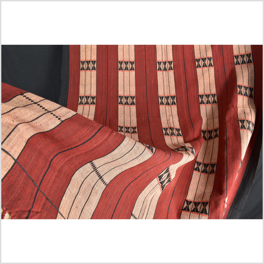 Vintage tribal home decor ethnic Naga blanket, blush, brick red, handwoven cotton throw boho Thailand Burma India tapestry EW193