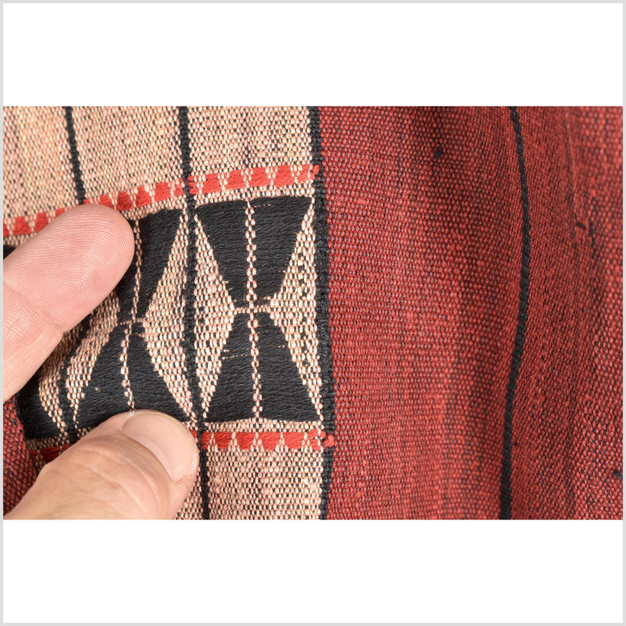 Vintage tribal home decor ethnic Naga blanket, blush, brick red, handwoven cotton throw boho Thailand Burma India tapestry EW193