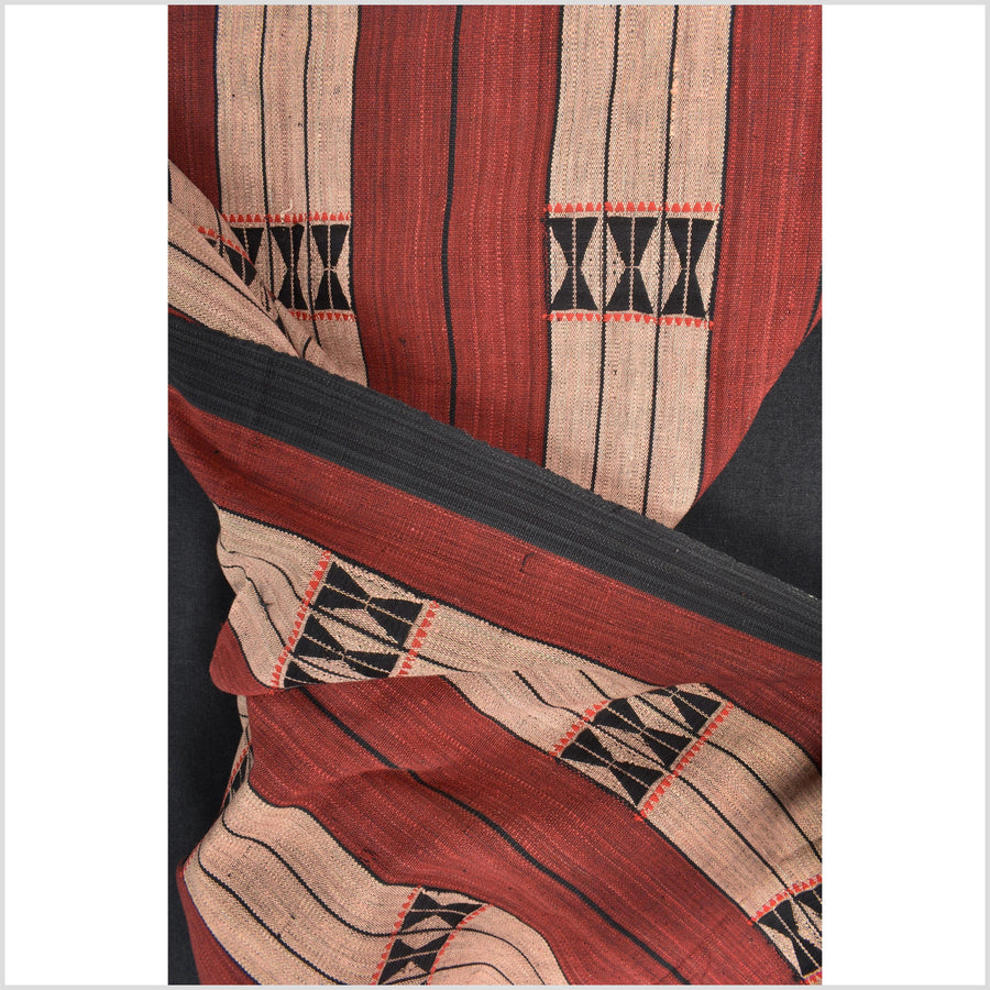 Vintage tribal home decor ethnic Naga blanket, blush, brick red, handwoven cotton throw boho Thailand Burma India tapestry EW193