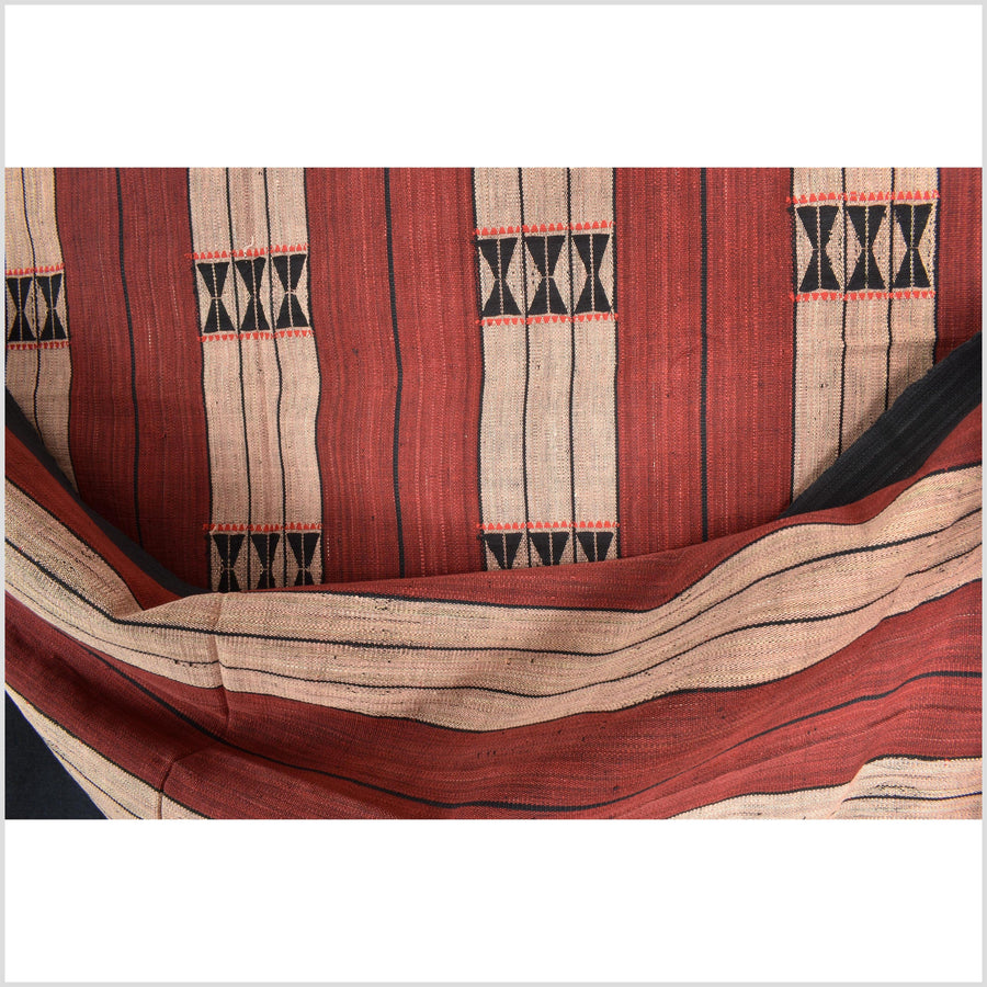 Vintage tribal home decor ethnic Naga blanket, blush, brick red, handwoven cotton throw boho Thailand Burma India tapestry EW193