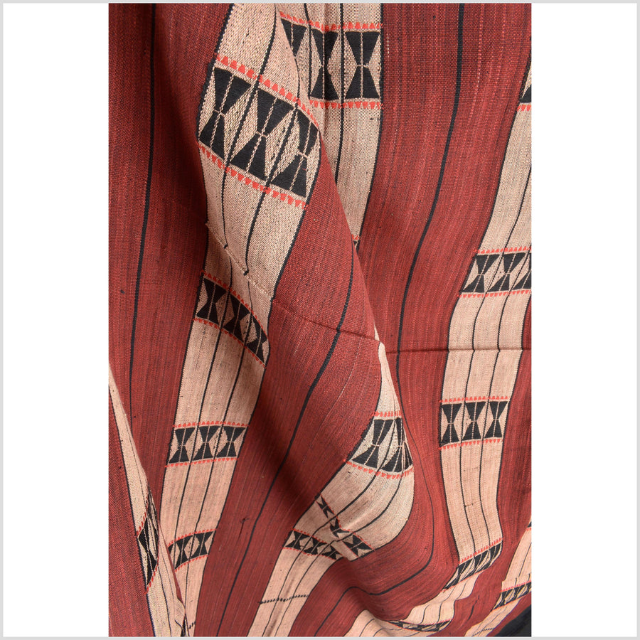 Vintage tribal home decor ethnic Naga blanket, blush, brick red, handwoven cotton throw boho Thailand Burma India tapestry EW193