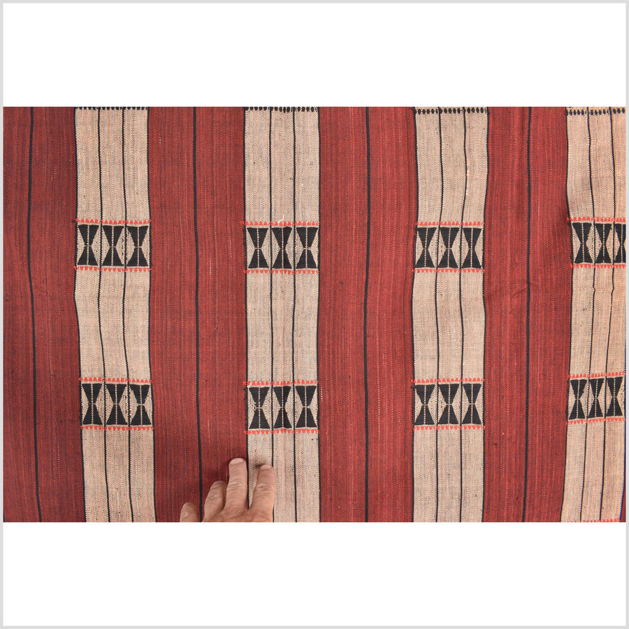 Vintage tribal home decor ethnic Naga blanket, blush, brick red, handwoven cotton throw boho Thailand Burma India tapestry EW193