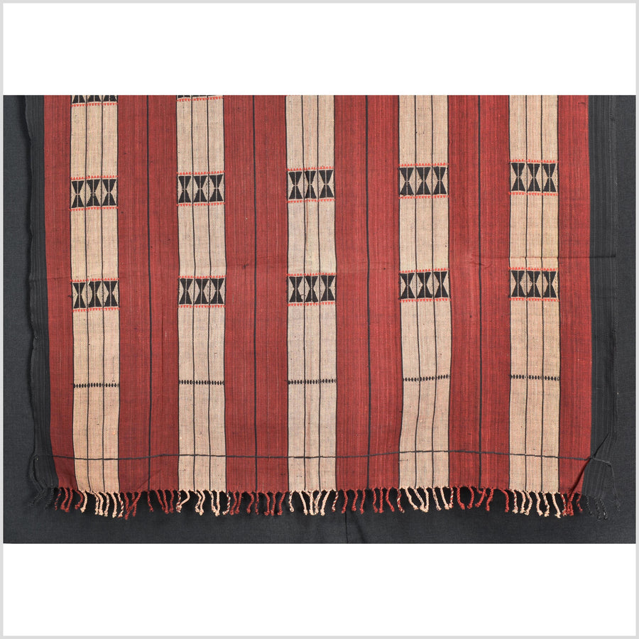 Vintage tribal home decor ethnic Naga blanket, blush, brick red, handwoven cotton throw boho Thailand Burma India tapestry EW193