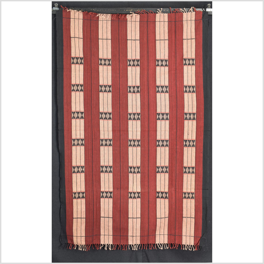 Vintage tribal home decor ethnic Naga blanket, blush, brick red, handwoven cotton throw boho Thailand Burma India tapestry EW193