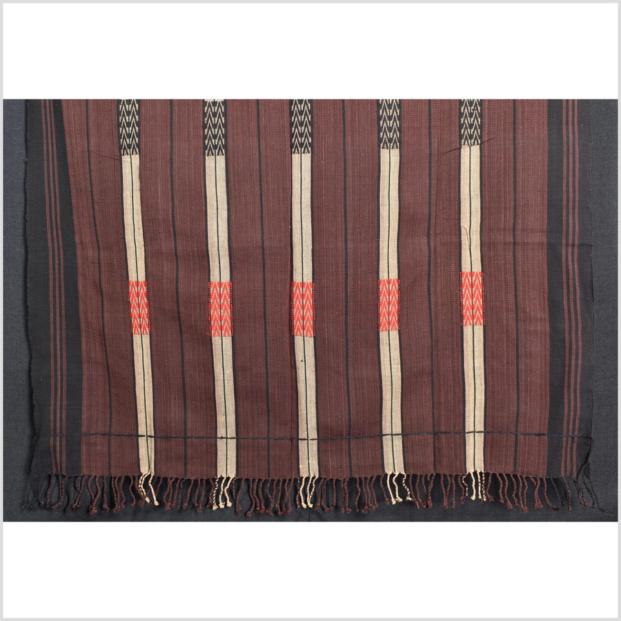 Vintage tribal home decor ethnic Naga blanket, chocolate brown, tan, handwoven cotton throw boho Thailand Burma India tapestry EW195