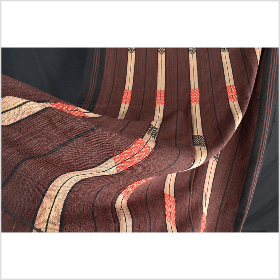 Vintage tribal home decor ethnic Naga blanket, chocolate brown, tan, handwoven cotton throw boho Thailand Burma India tapestry EW195