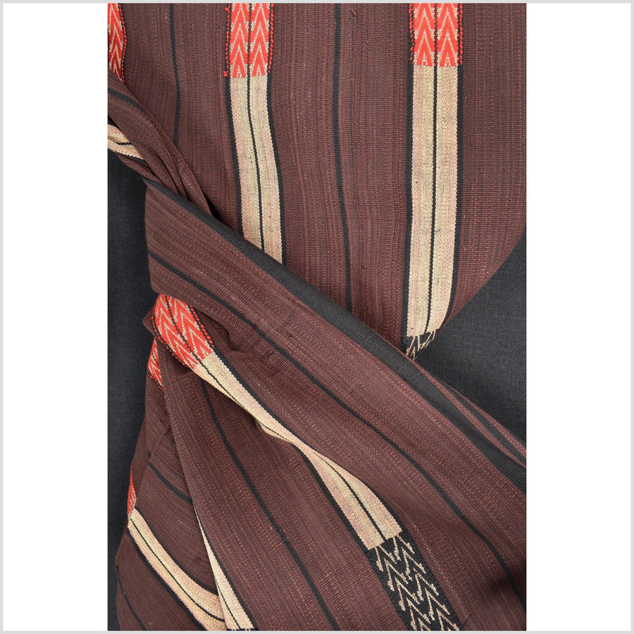 Vintage tribal home decor ethnic Naga blanket, chocolate brown, tan, handwoven cotton throw boho Thailand Burma India tapestry EW195