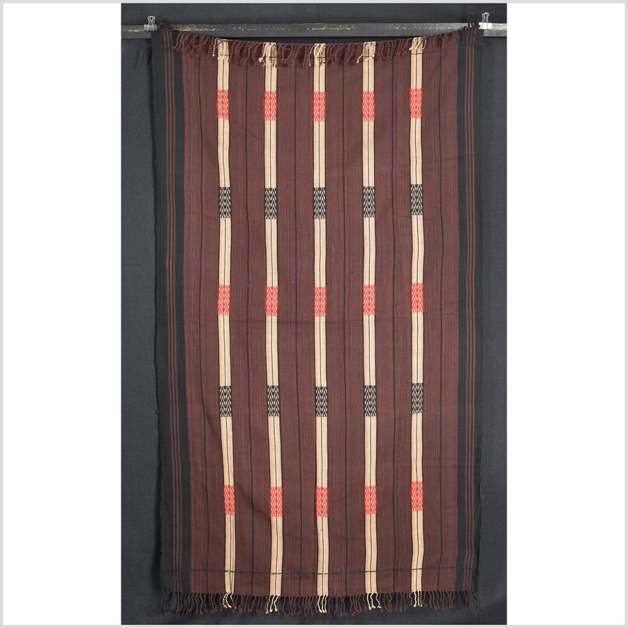 Vintage tribal home decor ethnic Naga blanket, chocolate brown, tan, handwoven cotton throw boho Thailand Burma India tapestry EW195