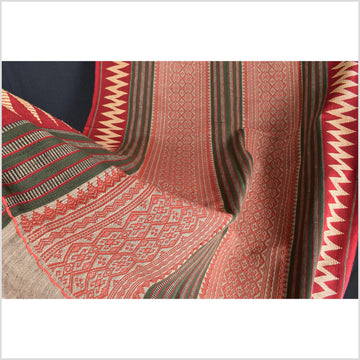 Vintage tribal home decor ethnic Naga blanket, red, green, grey, handwoven cotton throw boho Thailand Burma India tapestry EW200
