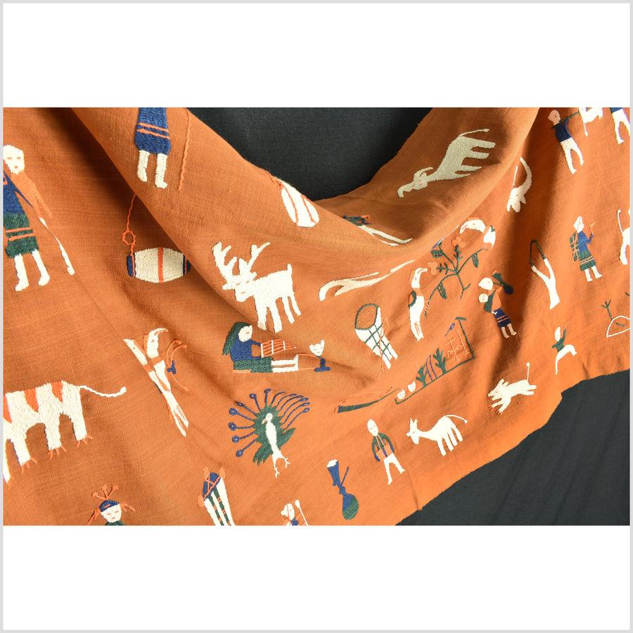 Saffron orange Naga tribal textile cotton story quilt jungle hut embroidered boho Burma hill tribe tapestry Thailand India EW203