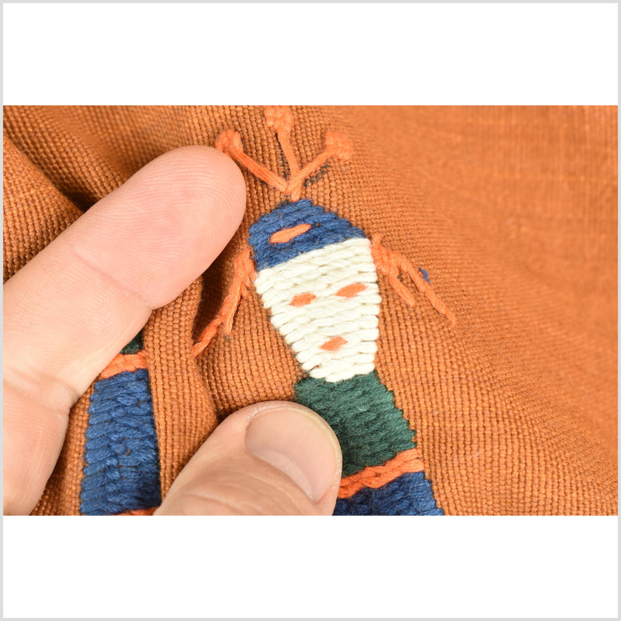 Saffron orange Naga tribal textile cotton story quilt jungle hut embroidered boho Burma hill tribe tapestry Thailand India EW203