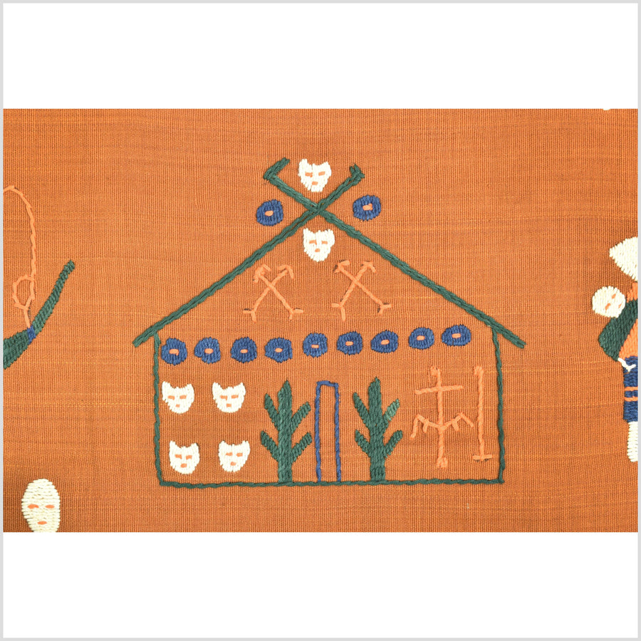 Saffron orange Naga tribal textile cotton story quilt jungle hut embroidered boho Burma hill tribe tapestry Thailand India EW203