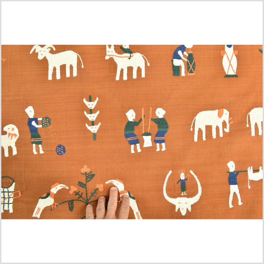 Saffron orange Naga tribal textile cotton story quilt jungle hut embroidered boho Burma hill tribe tapestry Thailand India EW203