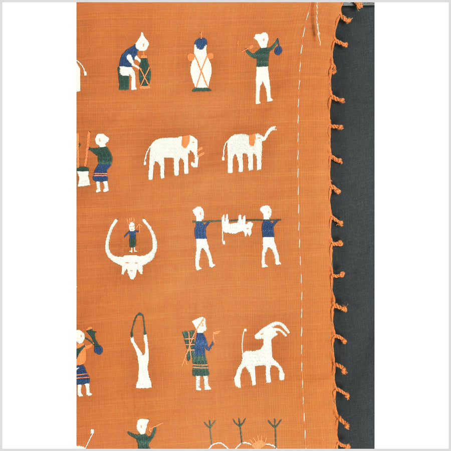 Saffron orange Naga tribal textile cotton story quilt jungle hut embroidered boho Burma hill tribe tapestry Thailand India EW203