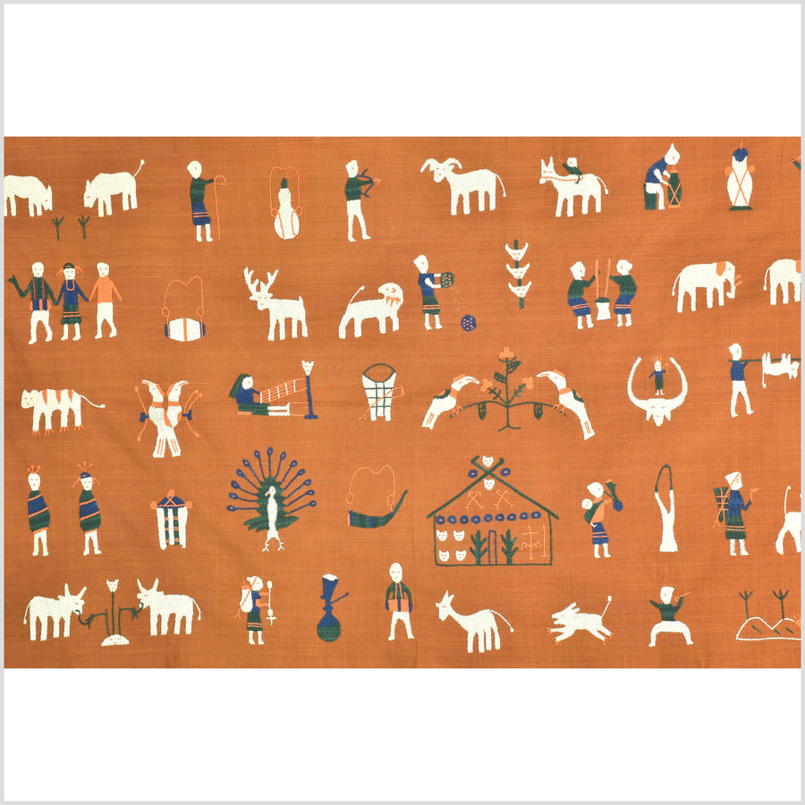 Saffron orange Naga tribal textile cotton story quilt jungle hut embroidered boho Burma hill tribe tapestry Thailand India EW203