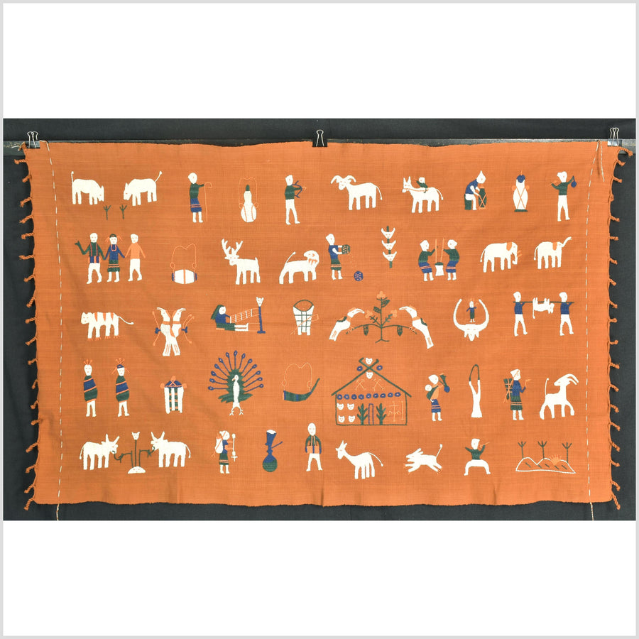 Saffron orange Naga tribal textile cotton story quilt jungle hut embroidered boho Burma hill tribe tapestry Thailand India EW203