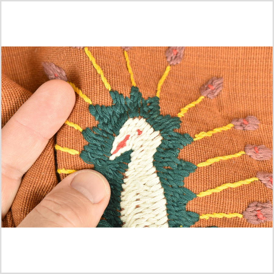 Saffron orange Naga tribal textile cotton story quilt jungle hut embroidered boho Burma hill tribe tapestry Thailand India EW204