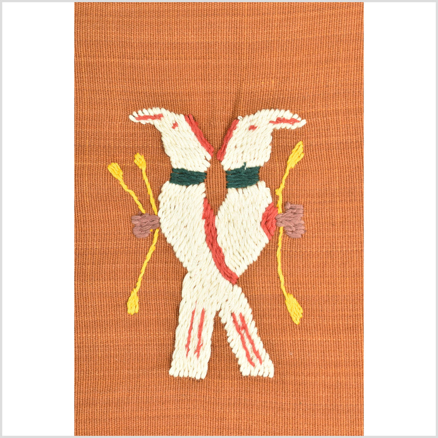 Saffron orange Naga tribal textile cotton story quilt jungle hut embroidered boho Burma hill tribe tapestry Thailand India EW204