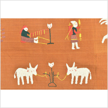 Saffron orange Naga tribal textile cotton story quilt jungle hut embroidered boho Burma hill tribe tapestry Thailand India EW204