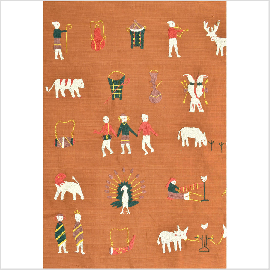 Saffron orange Naga tribal textile cotton story quilt jungle hut embroidered boho Burma hill tribe tapestry Thailand India EW204