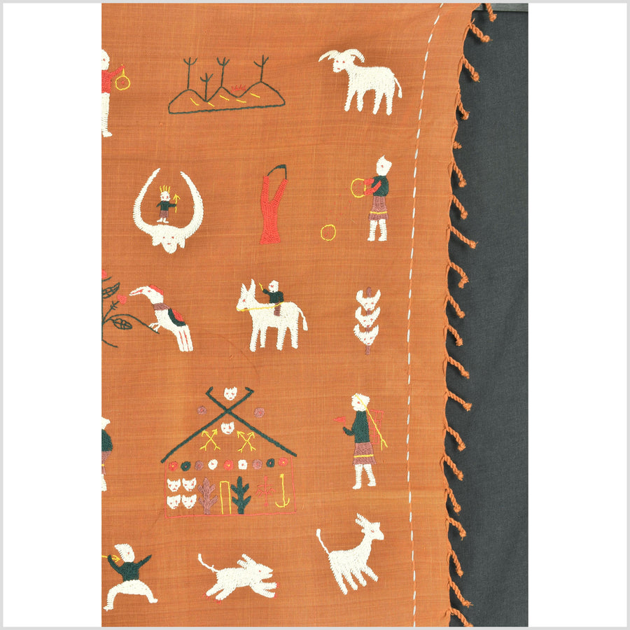 Saffron orange Naga tribal textile cotton story quilt jungle hut embroidered boho Burma hill tribe tapestry Thailand India EW204