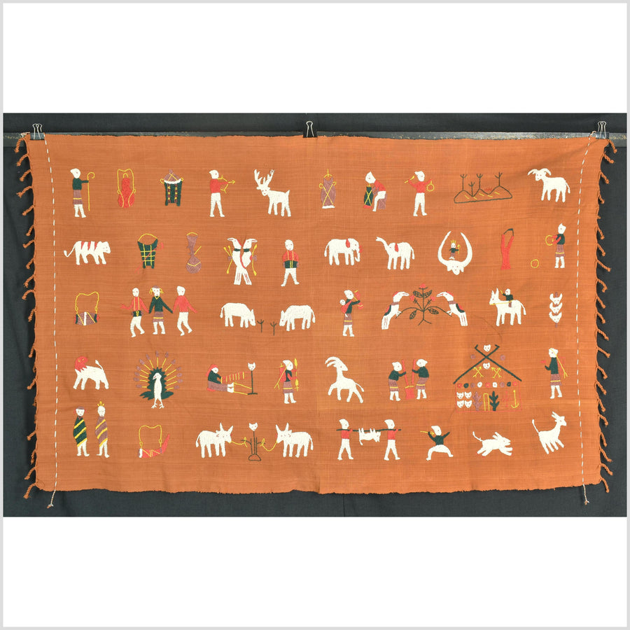 Saffron orange Naga tribal textile cotton story quilt jungle hut embroidered boho Burma hill tribe tapestry Thailand India EW204