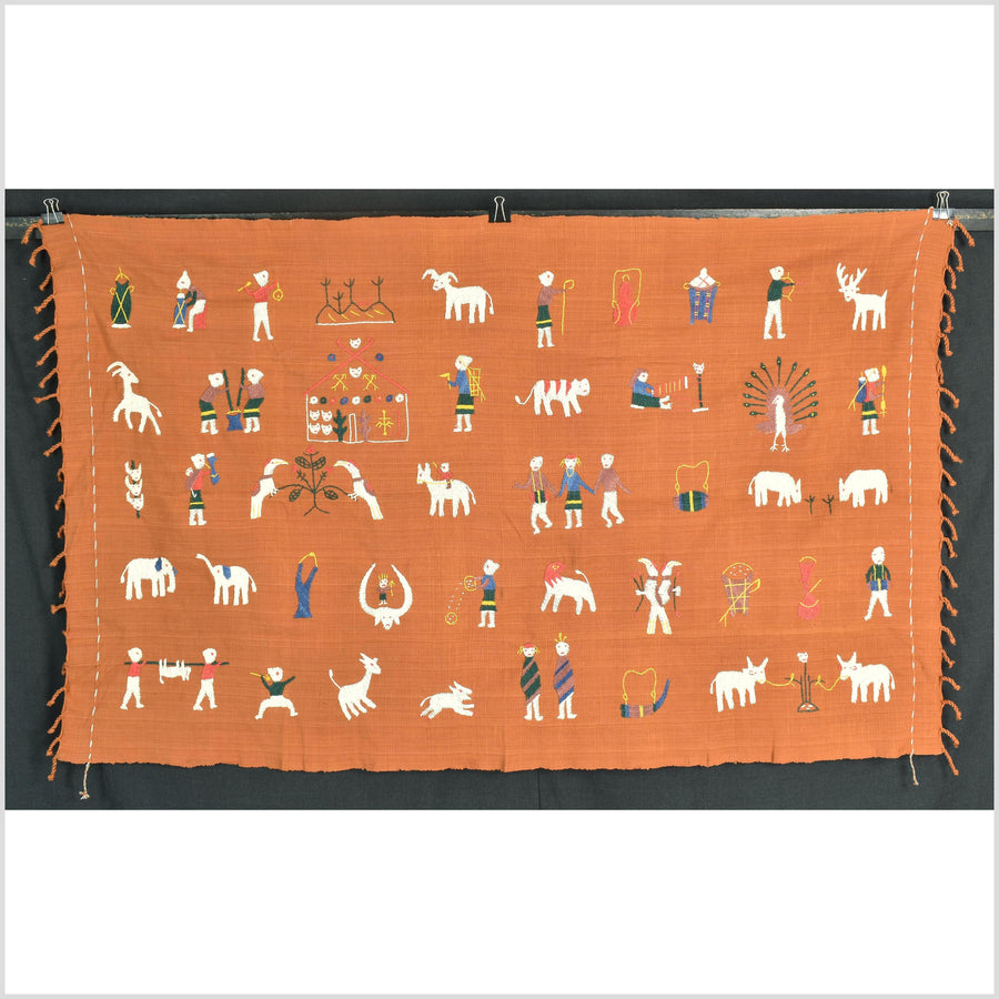 Saffron orange Naga tribal textile cotton story quilt jungle hut embroidered boho Burma hill tribe tapestry Thailand India EW206
