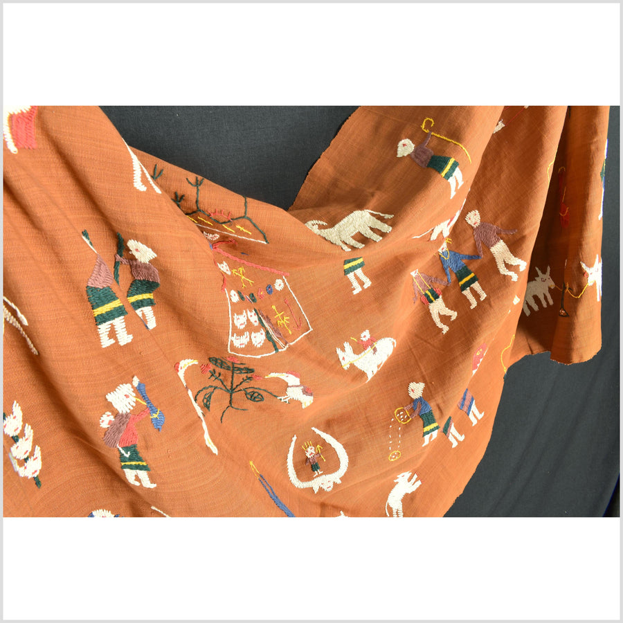 Saffron orange Naga tribal textile cotton story quilt jungle hut embroidered boho Burma hill tribe tapestry Thailand India EW206