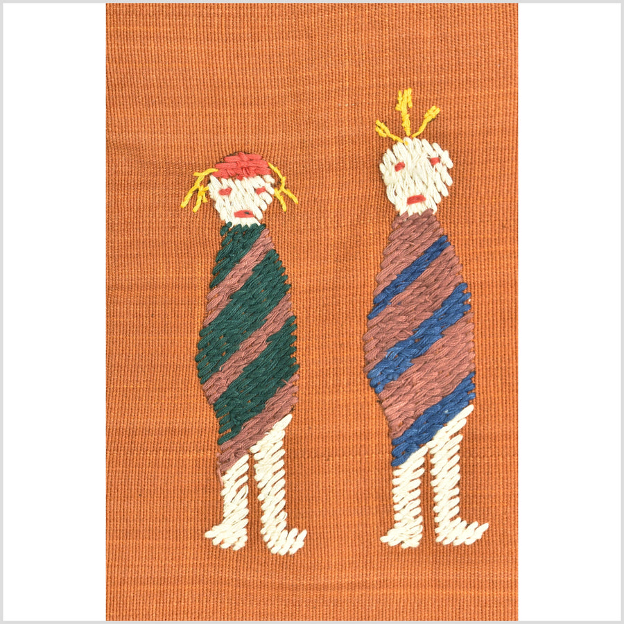 Saffron orange Naga tribal textile cotton story quilt jungle hut embroidered boho Burma hill tribe tapestry Thailand India EW206