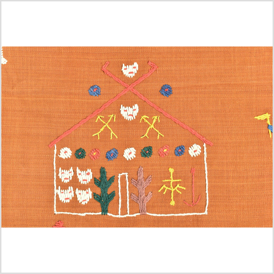 Saffron orange Naga tribal textile cotton story quilt jungle hut embroidered boho Burma hill tribe tapestry Thailand India EW206