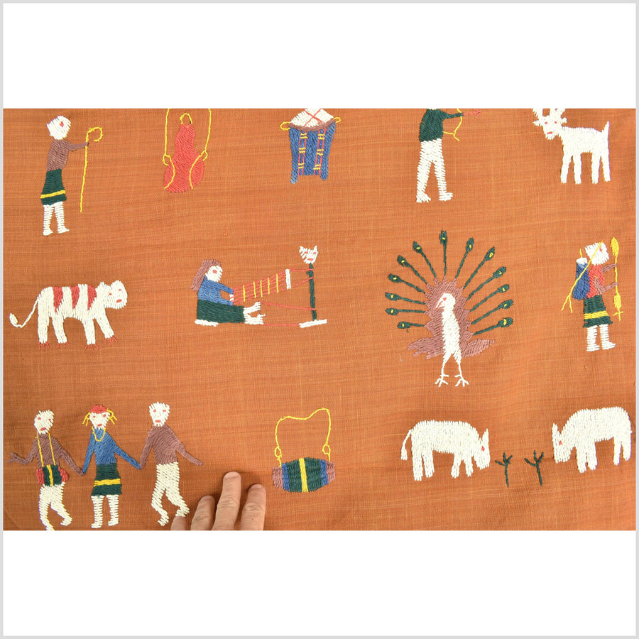 Saffron orange Naga tribal textile cotton story quilt jungle hut embroidered boho Burma hill tribe tapestry Thailand India EW206