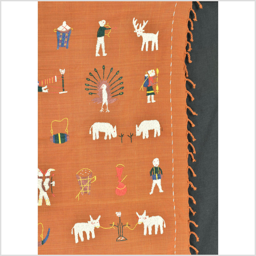 Saffron orange Naga tribal textile cotton story quilt jungle hut embroidered boho Burma hill tribe tapestry Thailand India EW206