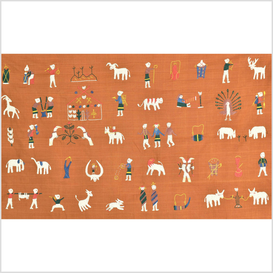 Saffron orange Naga tribal textile cotton story quilt jungle hut embroidered boho Burma hill tribe tapestry Thailand India EW206