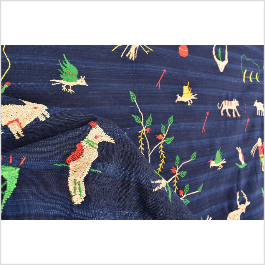 Cobalt blue Naga tribal textile cotton story quilt jungle hut embroidered boho Burma hill tribe tapestry Thailand India EW207