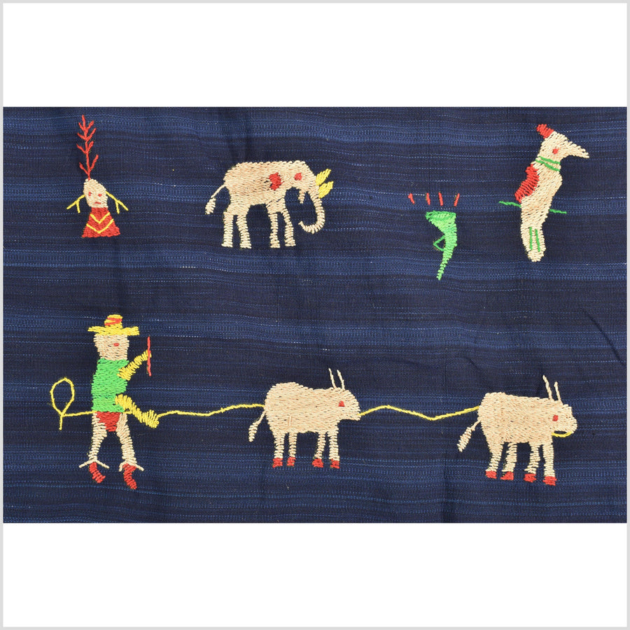 Cobalt blue Naga tribal textile cotton story quilt jungle hut embroidered boho Burma hill tribe tapestry Thailand India EW207