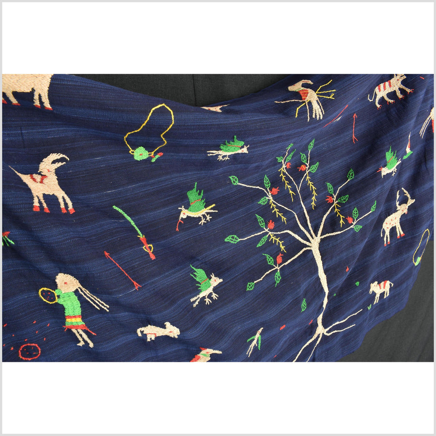 Cobalt blue Naga tribal textile cotton story quilt jungle hut embroidered boho Burma hill tribe tapestry Thailand India EW207