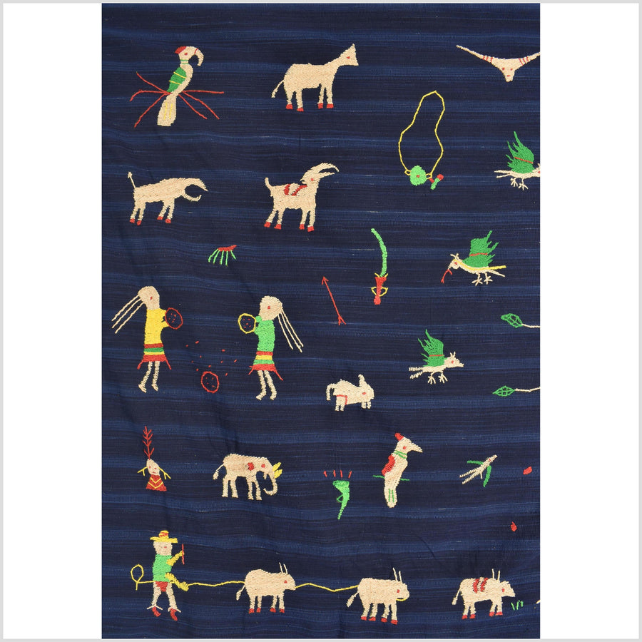 Cobalt blue Naga tribal textile cotton story quilt jungle hut embroidered boho Burma hill tribe tapestry Thailand India EW207