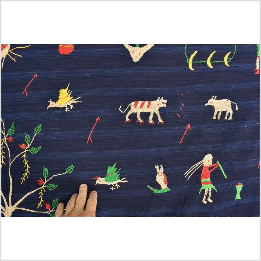 Cobalt blue Naga tribal textile cotton story quilt jungle hut embroidered boho Burma hill tribe tapestry Thailand India EW207