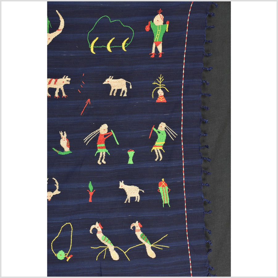 Cobalt blue Naga tribal textile cotton story quilt jungle hut embroidered boho Burma hill tribe tapestry Thailand India EW207
