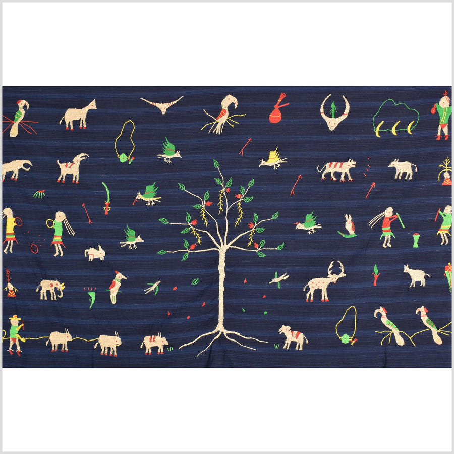 Cobalt blue Naga tribal textile cotton story quilt jungle hut embroidered boho Burma hill tribe tapestry Thailand India EW207