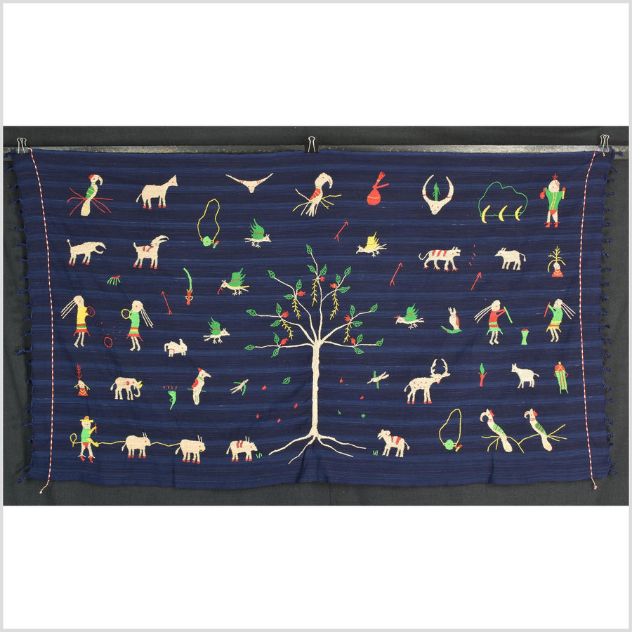 Cobalt blue Naga tribal textile cotton story quilt jungle hut embroidered boho Burma hill tribe tapestry Thailand India EW207