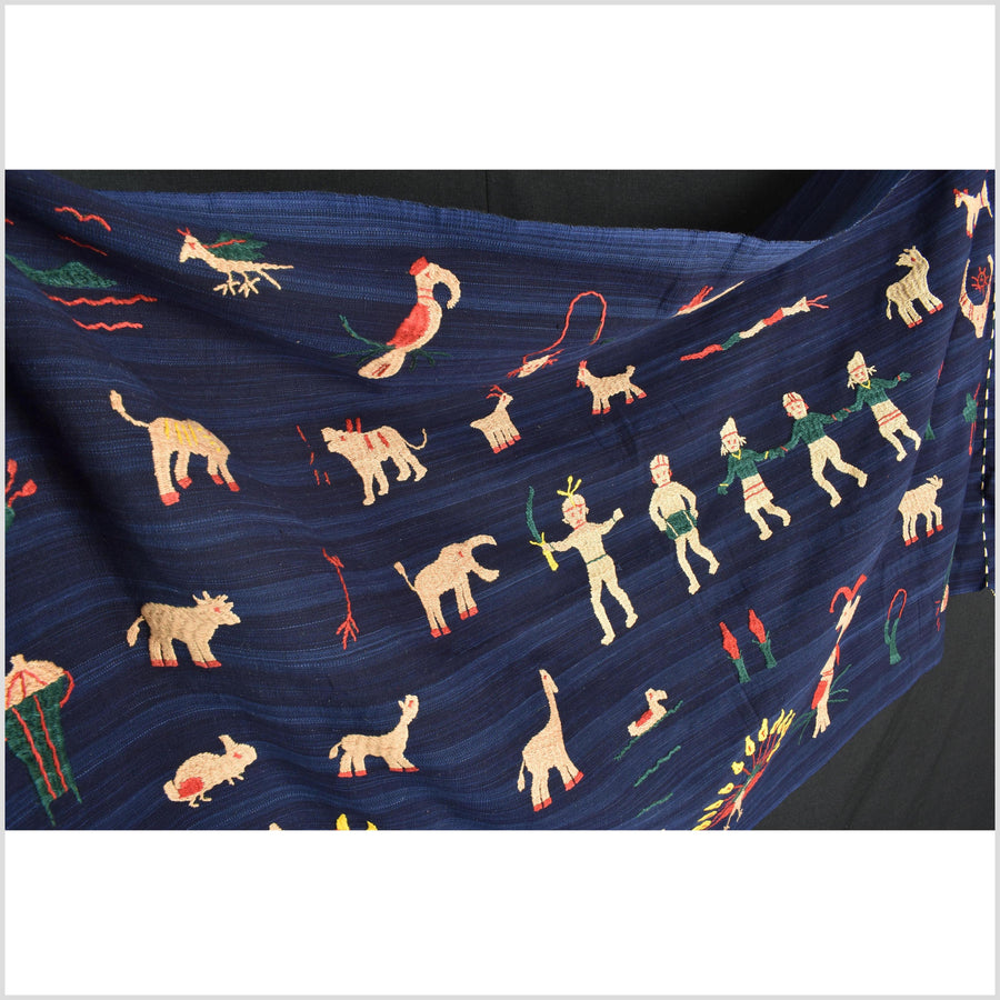 Cobalt blue Naga tribal textile cotton story quilt jungle hut embroidered boho Burma hill tribe tapestry Thailand India EW208