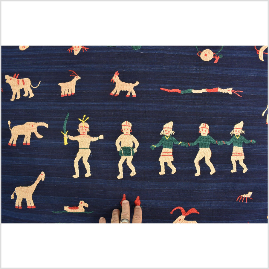 Cobalt blue Naga tribal textile cotton story quilt jungle hut embroidered boho Burma hill tribe tapestry Thailand India EW208