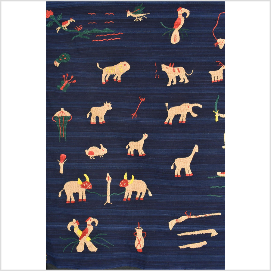 Cobalt blue Naga tribal textile cotton story quilt jungle hut embroidered boho Burma hill tribe tapestry Thailand India EW208