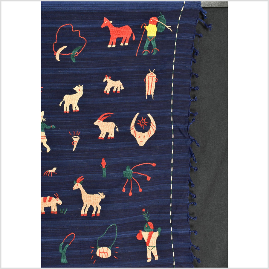Cobalt blue Naga tribal textile cotton story quilt jungle hut embroidered boho Burma hill tribe tapestry Thailand India EW208