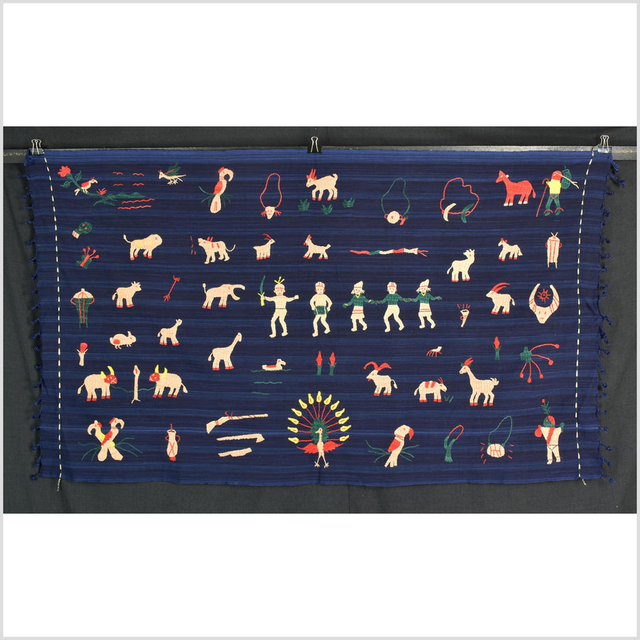 Cobalt blue Naga tribal textile cotton story quilt jungle hut embroidered boho Burma hill tribe tapestry Thailand India EW208